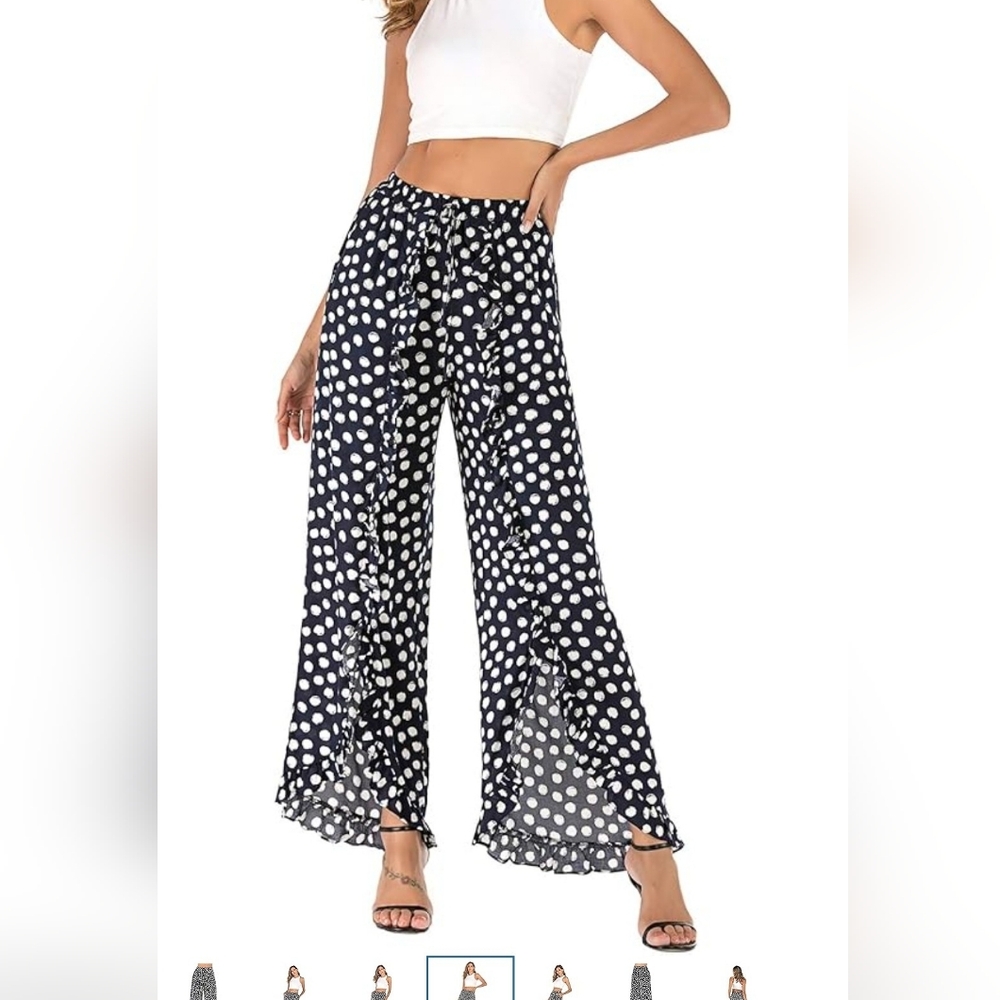 NWT Womens Polka Dot Ruffled Wide-Leg Pants